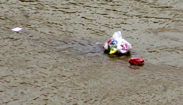Các túi bóng rác trôi lềnh bềnh trên sông Hồng